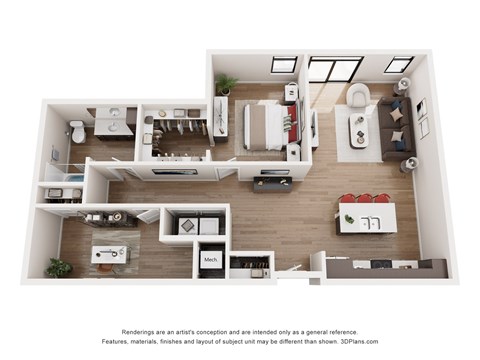 Floor plan for 1 bed, 1 bath, 1091 sqft